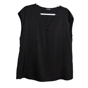Mirol Satin V-Neck Cap Sleeve Women's Top - Black Classic Chic Size L